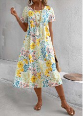 Floral Print Pocket Yellow A Line Short Sleeve Dress