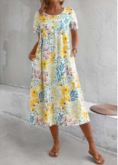 Floral Print Pocket Yellow A Line Short Sleeve Dress