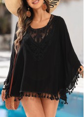 Scoop Neck Tassel Black Cover Up
