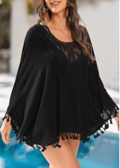 Scoop Neck Tassel Black Cover Up