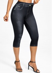 Denim-effect Print Black Elastic Waist High Waisted Capri Leggings