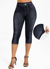 Denim-effect Print Black Elastic Waist High Waisted Capri Leggings