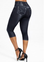 Denim-effect Print Black Elastic Waist High Waisted Capri Leggings