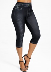 Denim-effect Print Black Elastic Waist High Waisted Capri Leggings