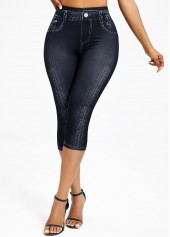 Denim-effect Print Black Elastic Waist High Waisted Capri Leggings