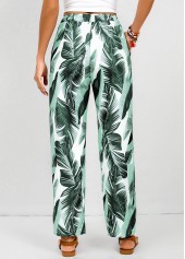 Feathers Print Pocket Green Elastic Waist High Waisted Pants