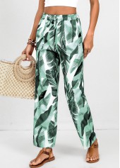 Feathers Print Pocket Green Elastic Waist High Waisted Pants