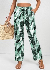 Feathers Print Pocket Green Elastic Waist High Waisted Pants