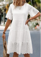 Ruched White Short Sleeve Round Neck Dress