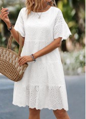 Ruched White Short Sleeve Round Neck Dress