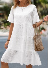 Ruched White Short Sleeve Round Neck Dress