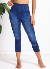 Denim-effect Print Denim Blue Elastic Waist High Waisted Leggings