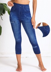 Denim-effect Print Denim Blue Elastic Waist High Waisted Leggings