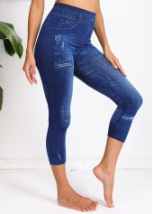 Denim-effect Print Denim Blue Elastic Waist High Waisted Leggings