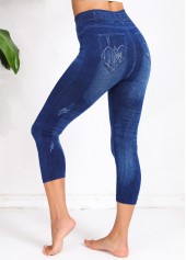 Denim-effect Print Denim Blue Elastic Waist High Waisted Leggings