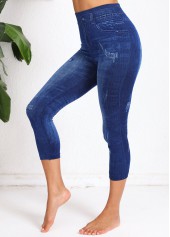 Denim-effect Print Denim Blue Elastic Waist High Waisted Leggings