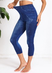 Denim-effect Print Denim Blue Elastic Waist High Waisted Leggings