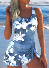Floral Print Tie Denim Blue One Piece Swimdress