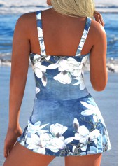 Floral Print Tie Denim Blue One Piece Swimdress