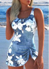 Floral Print Tie Denim Blue One Piece Swimdress