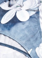 Floral Print Tie Denim Blue One Piece Swimdress