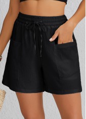 Pocket Elastic Waist Black High Waisted Shorts
