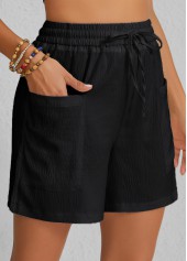 Pocket Elastic Waist Black High Waisted Shorts
