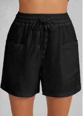 Pocket Elastic Waist Black High Waisted Shorts