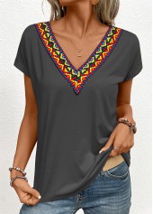 Tribal Print Patchwork Dark Grey Short Sleeve T Shirt