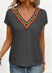 Tribal Print Patchwork Dark Grey Short Sleeve T Shirt