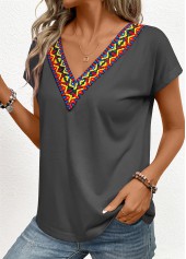 Tribal Print Patchwork Dark Grey Short Sleeve T Shirt