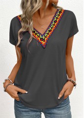 Tribal Print Patchwork Dark Grey Short Sleeve T Shirt