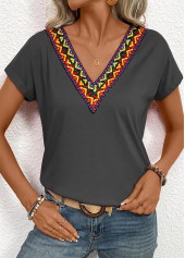 Tribal Print Patchwork Dark Grey Short Sleeve T Shirt