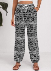 Tribal Print Drawstring Black Jogger Elastic Waist Pants
