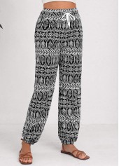Tribal Print Drawstring Black Jogger Elastic Waist Pants