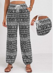 Tribal Print Drawstring Black Jogger Elastic Waist Pants