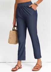 Smocked Elastic Waist High Waisted Navy Pants