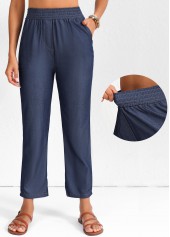 Smocked Elastic Waist High Waisted Navy Pants