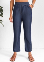 Smocked Elastic Waist High Waisted Navy Pants