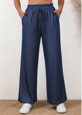 Denim Blue Elastic Waist Drawstring High Waisted Jeans