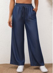 Denim Blue Elastic Waist Drawstring High Waisted Jeans