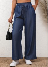 Denim Blue Elastic Waist Drawstring High Waisted Jeans