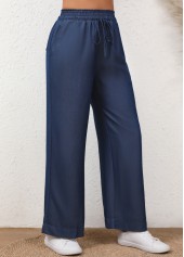 Denim Blue Elastic Waist Drawstring High Waisted Jeans