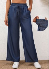 Denim Blue Elastic Waist Drawstring High Waisted Jeans