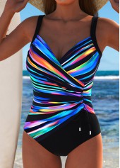 Dazzle Colorful Print Surplice Black One Piece Swimwear