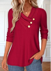 Button Red Long Sleeve V Neck T Shirt