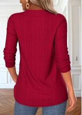 Button Red Long Sleeve V Neck T Shirt