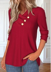 Button Red Long Sleeve V Neck T Shirt