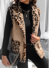 Leopard Patchwork Light Coffee Sleeveless Turn Down Collar Waistcoat