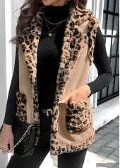 Leopard Patchwork Light Coffee Sleeveless Turn Down Collar Waistcoat